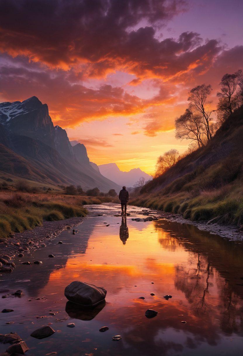 A stunning landscape photograph featuring a lone figure with a camera, immersed in a dramatic sunset, capturing the raw emotion of nature. In the foreground, a blurred silhouette of a person reflects a sense of longing and storytelling. The colors should be warm and vibrant, evoking feelings of nostalgia and connection. Include elements like a gently flowing river and distant mountains to enhance the scene. super-realistic. vibrant colors. dramatic lighting.