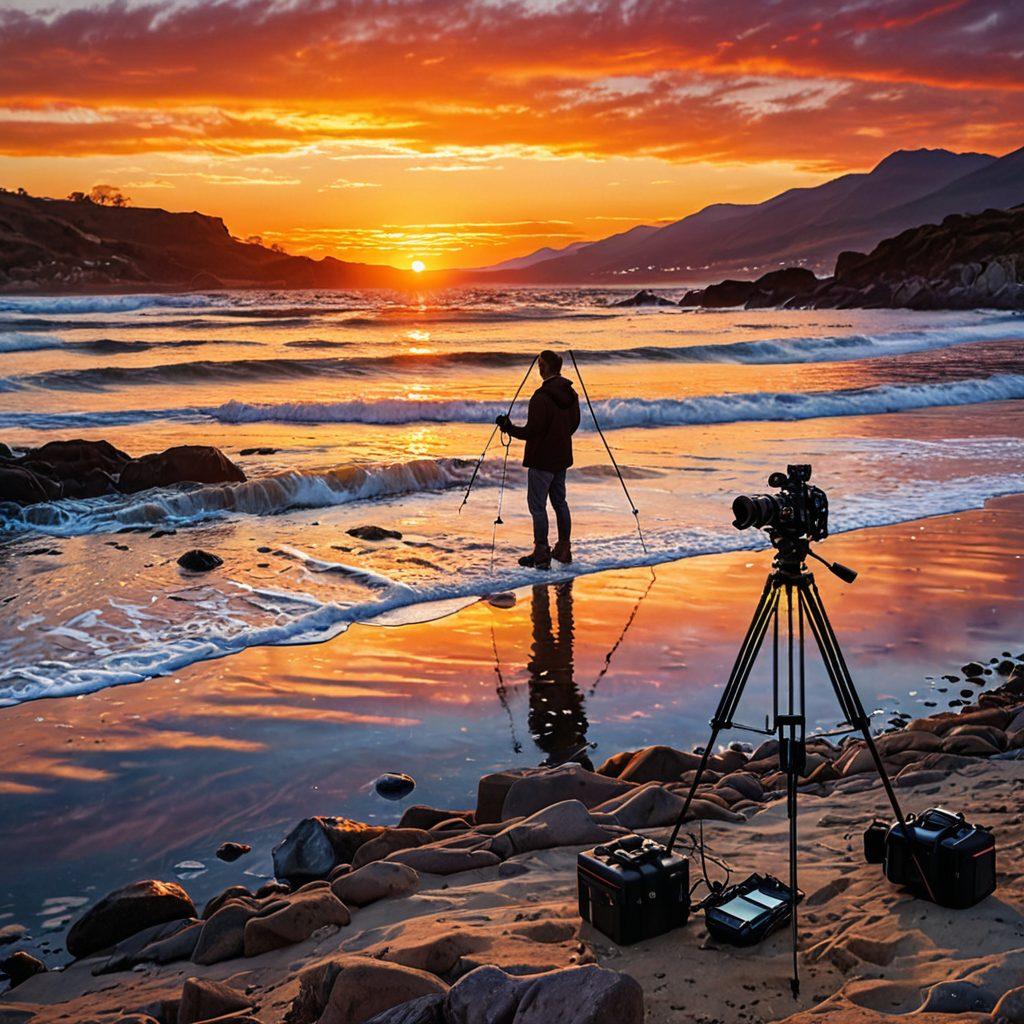 A captivating scene showcasing a photographer amidst a stunning landscape, with various camera equipment and techniques illustrated, such as framing, light manipulation, and composition. The background should suggest golden hour lighting, with vibrant colors reflecting on the water, and artistic prints displayed nearby. The atmosphere should convey creativity and inspiration, inviting viewers into the world of photography. super-realistic. vibrant colors. 3D.